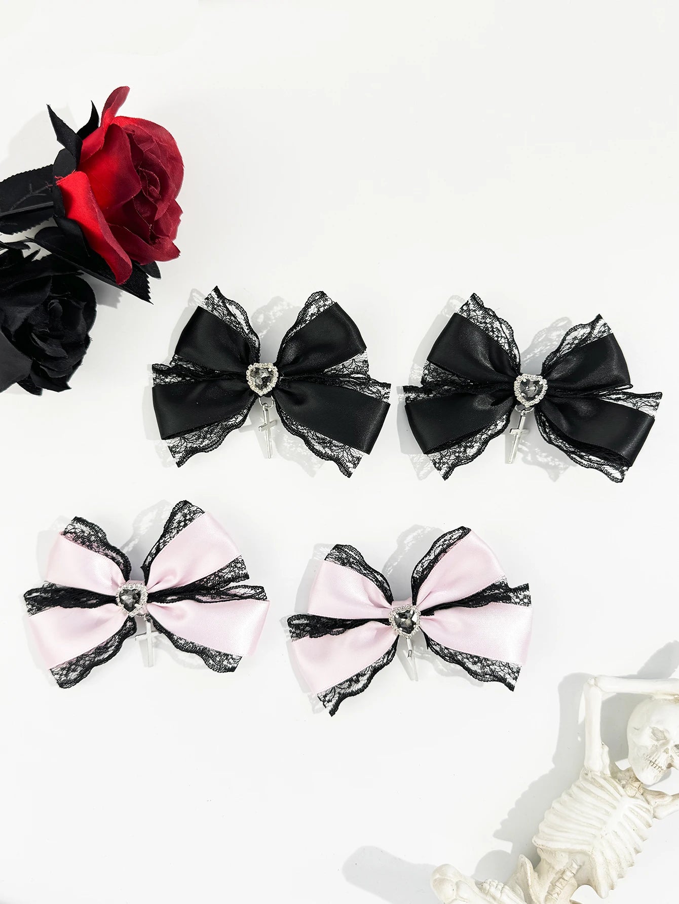 Varenzi Gothic Heart Lace Bow Hair Clip Set — Lolita Sweet-Edge Duo